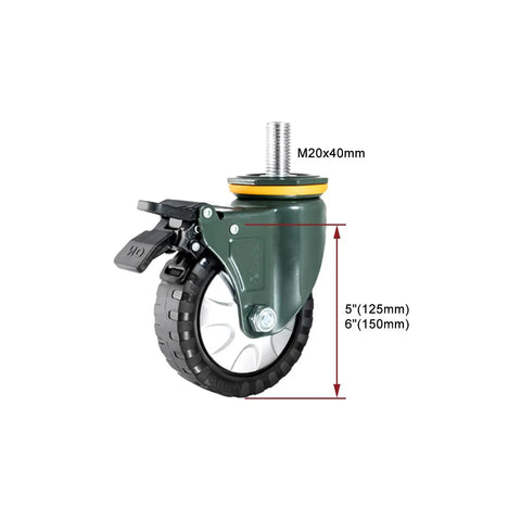 Set Of Four Industrial Swivel Casters With Secure Locking Brake And Straight Up Tough Pu Wheels Plus M20 Threaded Stem for 5 inch wheel.