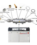 Exploded view of a waterjet hydraulic cylinder with seals and fittings, waterjet cutting machine in background
