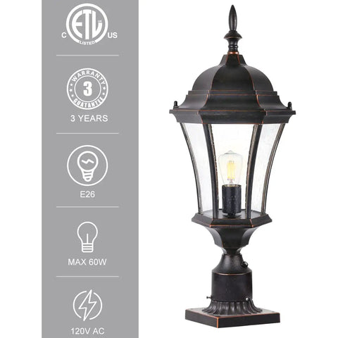 Outdoor Dusk To Dawn Post Light Lantern, 20 Inch High Bronze Lamp Post With Pier Mount, Waterproof Exterior, Seeded Glass Shade
