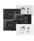 Straight Up Rock Solid EU Schuko Wall Socket Featuring A Smooth Tap Power Switch And Dead Simple USB Type C Charging Port Crafted From Scratch Proof Glass Panel For Modern Living Spaces, showing multiple color options.