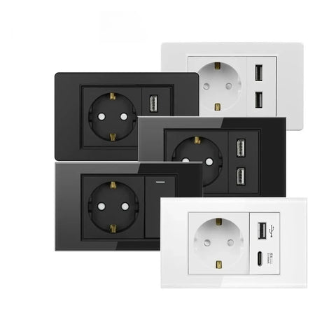 Straight Up Rock Solid EU Schuko Wall Socket Featuring A Smooth Tap Power Switch And Dead Simple USB Type C Charging Port Crafted From Scratch Proof Glass Panel For Modern Living Spaces, showing multiple color options.