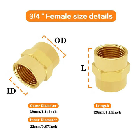 Size details of Two Pack Three Quarter Inch Brass Pipe Fittings NPT Couplers with Female Threads showing dimensions and layout.