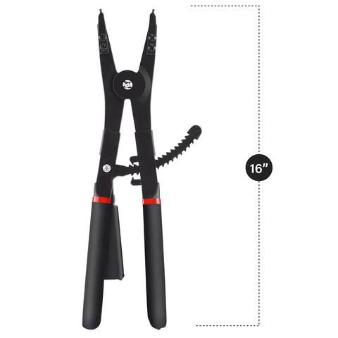 Beefy Heavy Duty 16 Inch Snap Ring Pliers Set For Internal And External Circlips Two Piece With Twelve Tips shown front view.