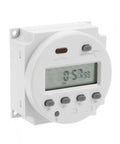 Oumefar 16A Digital Timer Switch With Lcd Display Cycle Countdown Control For Irrigation Drying Ventilation And Industrial Electrical Applications. White electronic timer switch with LCD display and control buttons.