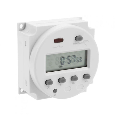Oumefar 16A Digital Timer Switch With Lcd Display Cycle Countdown Control For Irrigation Drying Ventilation And Industrial Electrical Applications. White electronic timer switch with LCD display and control buttons.