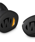 Suppressor Bluetooth Earbuds With 25dB NRR Hearing Protection And HD Sound For All Day Comfort 36 Hour Battery Life Waterproof Sweat Resistant Design For Outdoors Workouts And Travel front view of black earbuds.
