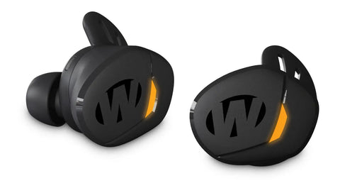 Suppressor Bluetooth Earbuds With 25dB NRR Hearing Protection And HD Sound For All Day Comfort 36 Hour Battery Life Waterproof Sweat Resistant Design For Outdoors Workouts And Travel front view of black earbuds.