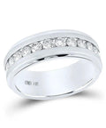 Badass 14Kt White Gold Mens Wedding Band Ring Featuring Machine Set Round Diamonds One Carat Total Weight G And H Color I1 Clarity Slick Seven Millimeter Wide viewed from the side, showing diamond setting.