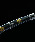 Close-up of black saya with brass fittings on 41 Inch Black Authentic Tachi Style Curved Handmade Japanese Samurai Katana Sword