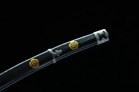 Close-up of black saya with brass fittings on 41 Inch Black Authentic Tachi Style Curved Handmade Japanese Samurai Katana Sword