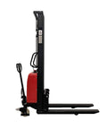 Heavy Duty Thin Leg Semi Electric Pallet Stacker 2204 Lbs Capacity 138 Inch Lift Height 110V Plug side view with red control unit.