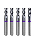 Five Carbide Square End Mill Four Flute One Eighth Inch Shank CNC Router Bits for Aluminum Steel Brass with AlTiN Coating shown