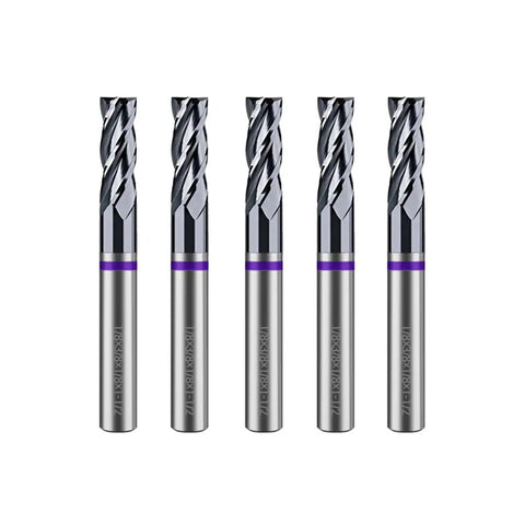 Five Carbide Square End Mill Four Flute One Eighth Inch Shank CNC Router Bits for Aluminum Steel Brass with AlTiN Coating shown