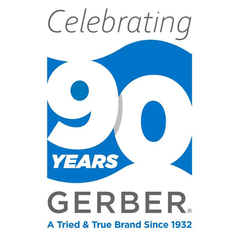 Logo celebrating 90 years of Gerber, a tried and true brand since 1932, in blue and white color scheme.