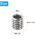 Stainless steel thread adapter sleeve reducing nut, M8x1.25 male to M6x1 female, front view
