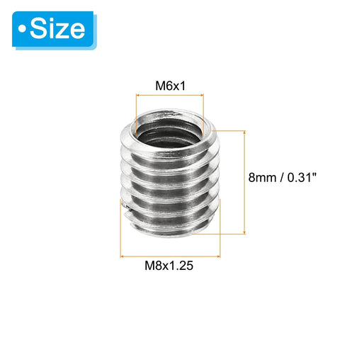 Stainless steel thread adapter sleeve reducing nut, M8x1.25 male to M6x1 female, front view