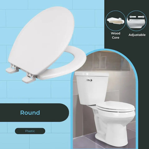 Round toilet seat with heavy-duty wood core and scratch-resistant plastic finish, six-pack, residential use, white