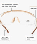 Heavy Duty Safety Goggles With No Sweat Anti Fog Lens And Wide Wraparound Vision Designed To Ride Along Comfortably Over Glasses showing UV protection and adjustable arms.