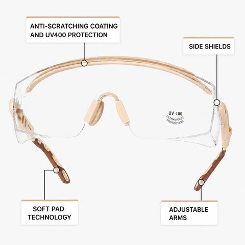 Heavy Duty Safety Goggles With No Sweat Anti Fog Lens And Wide Wraparound Vision Designed To Ride Along Comfortably Over Glasses showing UV protection and adjustable arms.