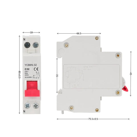 Top Shelf 1P+N Mini Circuit Breaker MCB Phase Neutral Electrical Switch dimensions with labels for easy identification.