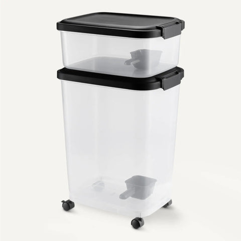 Pet Food Storage Container Set 30lb and 10lb With Scoop, Airtight BPA Free Plastic Bins For Dogs And Cats on wheels