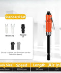 Rock Solid Air Die Grinder Straight Shaft 23000 RPM Pneumatic Rotary Tool, 247mm length, includes adapter and collet chuck components.