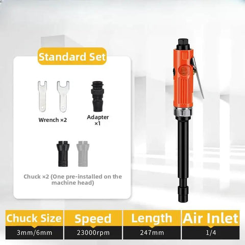 Rock Solid Air Die Grinder Straight Shaft 23000 RPM Pneumatic Rotary Tool, 247mm length, includes adapter and collet chuck components.