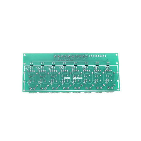 Top view of 8 Channel Optocoupler Isolation Module For AC 110V And 220V, PNP High Level Output, green circuit board for automation projects.