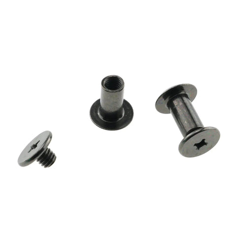 3 black plated 5x10mm Carbon Steel Chicago Screws Phillips Drive Cross Head Bindery Rivets for DIY projects.