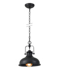 Industrial Dome Pendant Light With Adjustable Metal Chain In Vintage Rustic Farmhouse Vibe, Polished Black Finish, front view