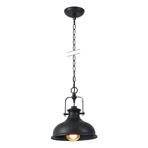 Industrial Dome Pendant Light With Adjustable Metal Chain In Vintage Rustic Farmhouse Vibe, Polished Black Finish, front view