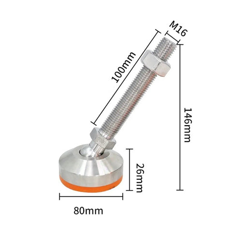 Hella Sturdy Adjustable Leveling Feet With 304 Stainless Steel Swivel Connector And Nonslip Yellow Rubber Pads For Heavy Furniture On Uneven Workshop Floors, showing dimensions.