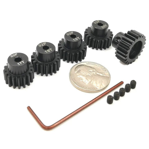 32P Hardened Pinion Gear Set For 1/8 Inch Hole With Hex Key Includes 17T 18T 19T 20T 21T 0.8M Pitch next to a U.S. nickel and hex key