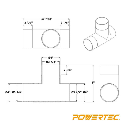 4 Inch T Fitting For Dust Collection Hose Dual Port Connector For Dust Collector System Made From Black ABS Plastic diagram