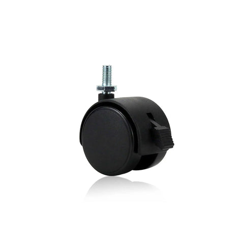 Four Pack 1.5 Inch Swivel Caster Wheels Featuring M8 Metric Thread And Secure Locking Brake, black plastic wheel with brake lever.