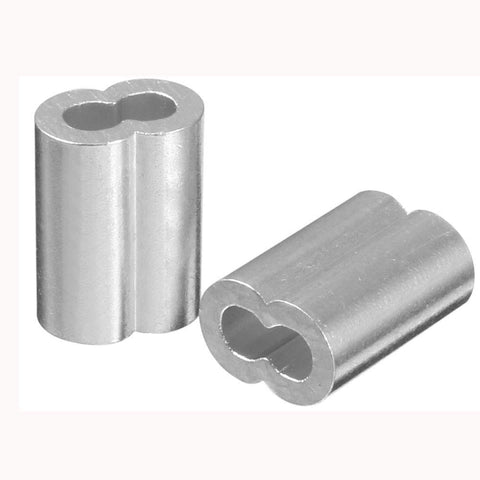 120 Piece Aluminum Crimp Sleeve Set For Three Thirty Second Inch Wire Rope And Cable, two aluminum sleeves close-up