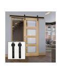 Premium 14FT Barn Door Track System Delivers Super Smooth Operation As Heavy Duty Sliding Hardware Kit with matte black finish and sliding door in living room.