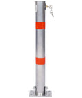Beefy Foldable Steel Parking Bollard Post With Secure Lock And Bold Warning Stripes For No Sweat Driveway Garage And Street Traffic Control Effortless Setup Barrier In Matte Gray showing a shiny steel construction with reflective red stripes.