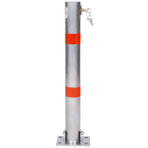 Beefy Foldable Steel Parking Bollard Post With Secure Lock And Bold Warning Stripes For No Sweat Driveway Garage And Street Traffic Control Effortless Setup Barrier In Matte Gray showing a shiny steel construction with reflective red stripes.