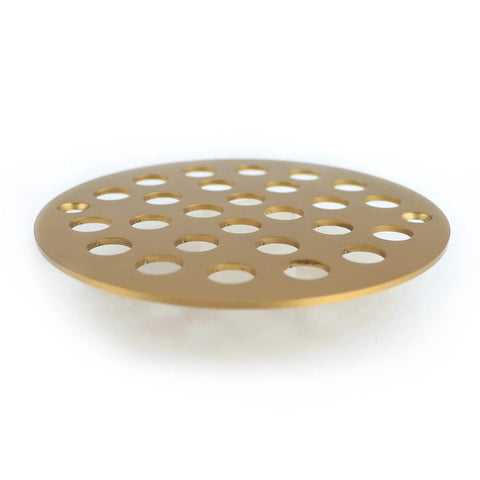 Heavy Duty Four Inch Screw In Round Shower Drain Cover With Sleek Brushed Gold Finish and Fast Drain Design