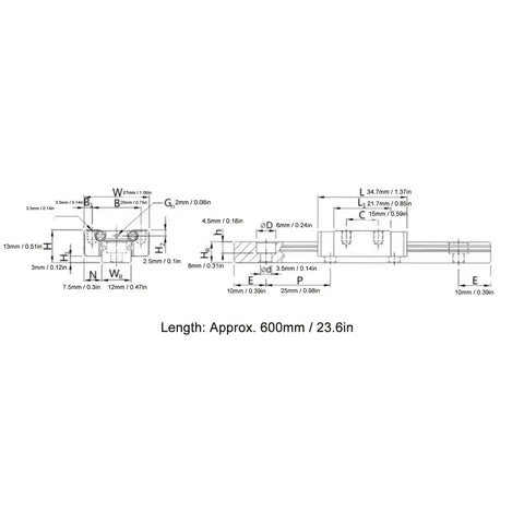 Technical diagram of Automatic Centering Linear Guide Rail for Ceiling System 600 Mm CNC Miniature Guide Rail With Bearing Steel specifications.