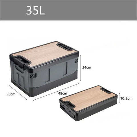 Kickass Folding Tailgate Crate Featuring Heavy Duty Wooden Tabletop Lid And Hella Massive Storage Volume For Smooth Car Camping Gear Organization And Rapid Trunk Setup In Matte Charcoal Black Coating