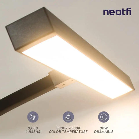 Close-up of Beefy 3000 Lumen LED Desk Lamp With Clamp, showing illuminated 28-inch light bar and sleek design