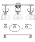 All In One Bathroom Vanity Set With A 3 Light Fixture, Towel Bar, Toilet Paper Holder, Towel Ring, And Robe Hook In Brushed Nickel