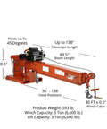Heavy Duty Fork Mounted Jib Crane With Electric Winch shown with dimensions and features including telescopic boom and winch capacity.