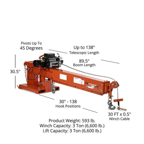 Heavy Duty Fork Mounted Jib Crane With Electric Winch shown with dimensions and features including telescopic boom and winch capacity.