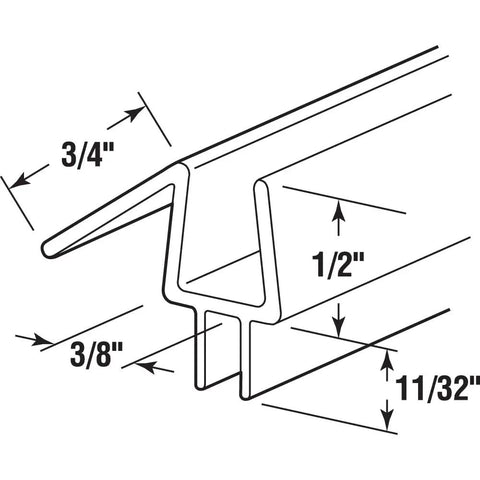 Diagram of Frameless Shower Door Bottom Seal For 3/8 Inch Glass, 36 Inch Doors, Clear Vinyl Pack Of 4 with measurement details.