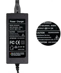 Fast 42V 2A Smart Charger For 36V Scooter Lithium Battery With Dual Connectors, close-up of labels and green LED indicator