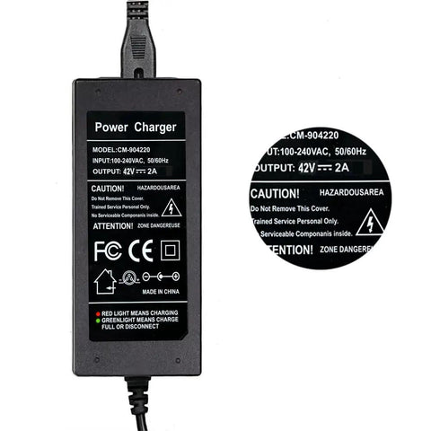 Fast 42V 2A Smart Charger For 36V Scooter Lithium Battery With Dual Connectors, close-up of labels and green LED indicator