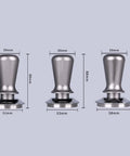 Three espresso tampers in varying sizes (51mm, 53mm, 58mm) made of steel, ideal for the Slick Espresso Tamping Station.